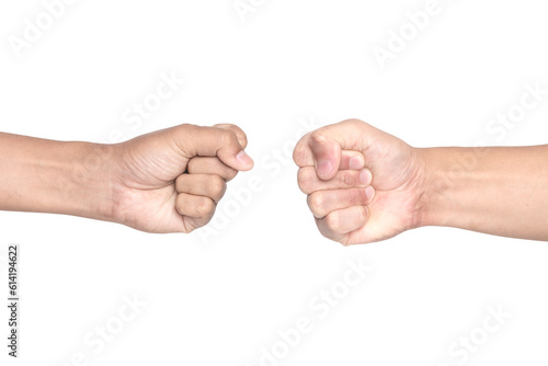 2 fists bumping each other isolated on white background with clipping path. Fight concept. photo