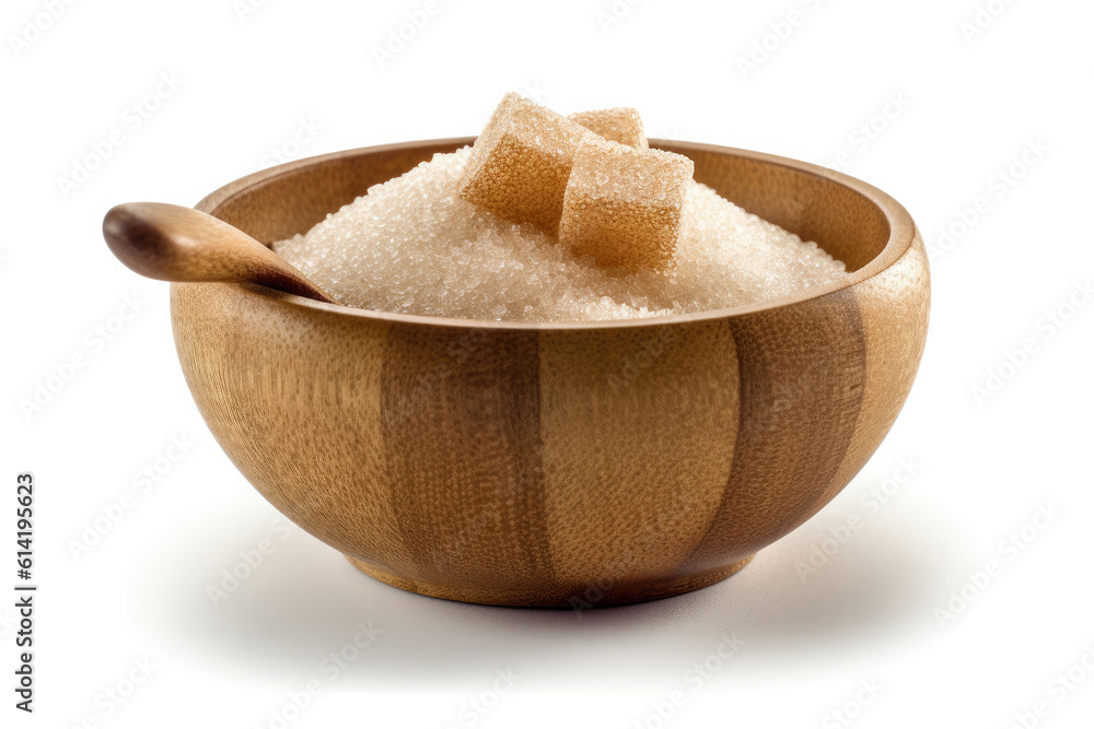 Sugar in wooden bowl isolated on white