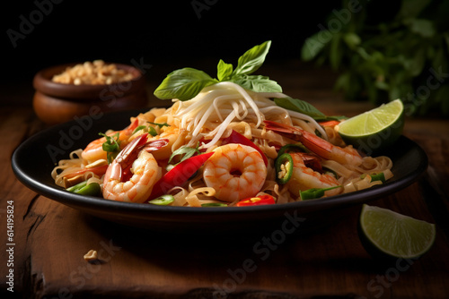 Pad Thai with prawns and vegetables on wooden table. By Generative AI