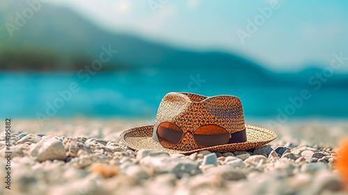 Straw hat and sunglasses on the beach close up. Summer holidays accessory, copy space. Generative AI