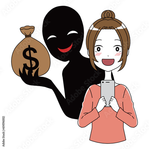 スマホを持つ喜ぶ女性とお金を持つ怪しい悪人のイメージのイラスト素材