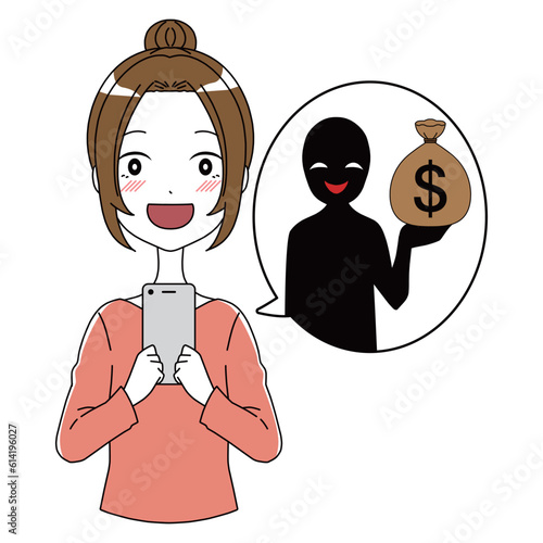 スマホを持つ喜ぶ女性とお金を持つ怪しい悪人のイメージのイラスト素材