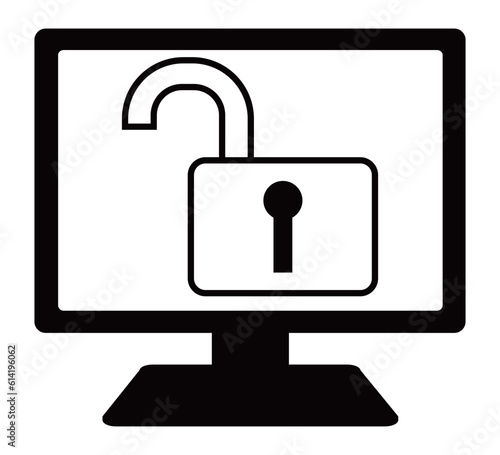モノクロのパソコン画面に開錠された鍵のハッキングイメージのイラスト素材