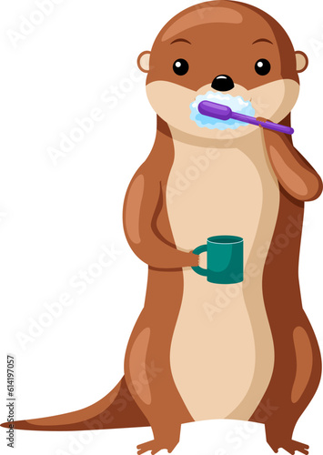 Cartoon otter brushes her teeth. Animal character washing morning.