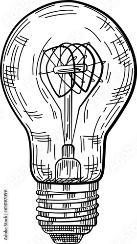 Hand drawn light bulb in vintage engraved style. Electric lamp sketch.