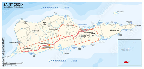 Road map of the caribbean island of Saint Croix, Virgin Islands, United States