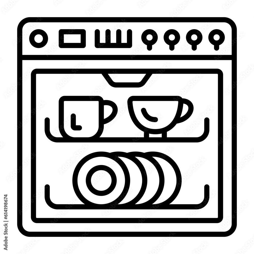 dishwasher containing clean dishes concept, dishwashing machine vector icon design, Housekeeping symbol, Home cleaning sign, Professional cleaners equipment stock illustration