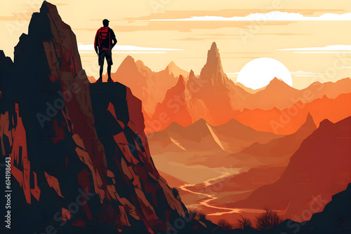 Summit Serenity: Illustration of a Hiker on a Mountain Peak with Breathtaking Views © Wemerson