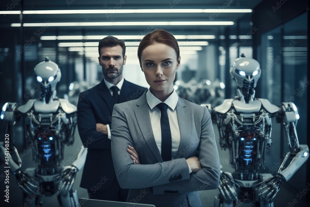 Male and female office workers and humanoid robots working together. Generative ai Male and female office workers and humanoid robots working together. Generative ai