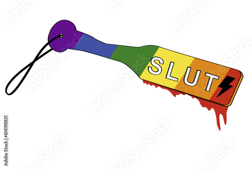 Slut. Spanking paddle bondage design with rainbow colors. Vector illustration for gay pride day. Fetish art.
