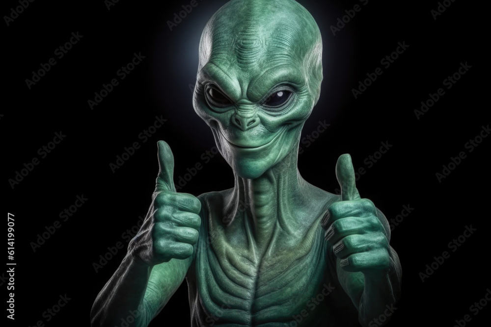 Alien humanoid portrait on dark background. Extraterrestrial humanoid shows thumb up gesture. Friendly alien. Created with Generative AI