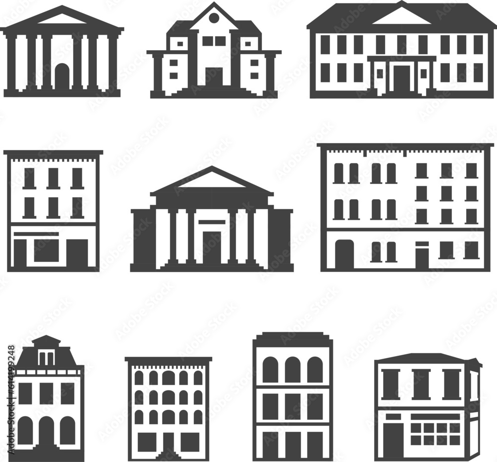 Building icon sets. Containing house, office, school, hotel, shop, museum and apartment