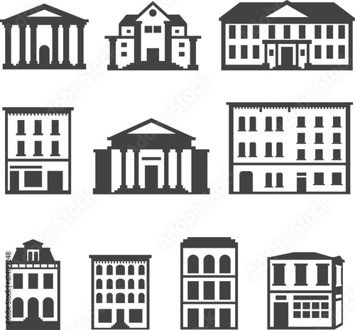 Building icon sets. Containing house, office, school, hotel, shop, museum and apartment