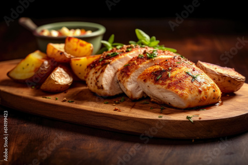 Close Up Of Delicious Fried Chicken Breast On Wooden Board Against Dark Blurred AI Kitchen Background