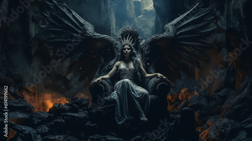 Generative AI. An exquisitely attractive and intricately adorned female devil seated upon the throne within a grand castle, surrounded by numerous enigmatic characters © The Gentleman