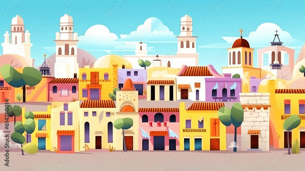 Fototapeta premium Mexican town buildings as cute cartoon background (Generative AI)