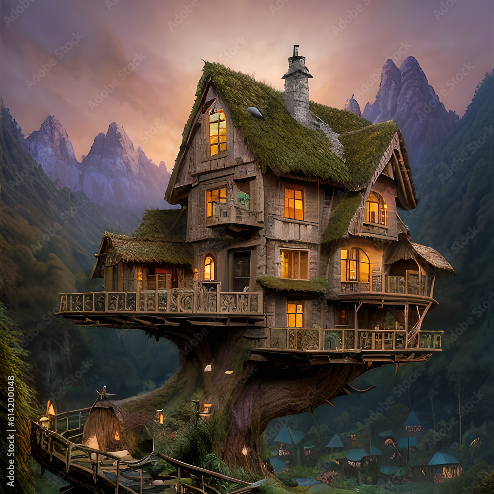 Obraz premium Fairy house, fantasy house, fantasy, comfort, fairy tale, dream, dream house, mystical, Generative AI