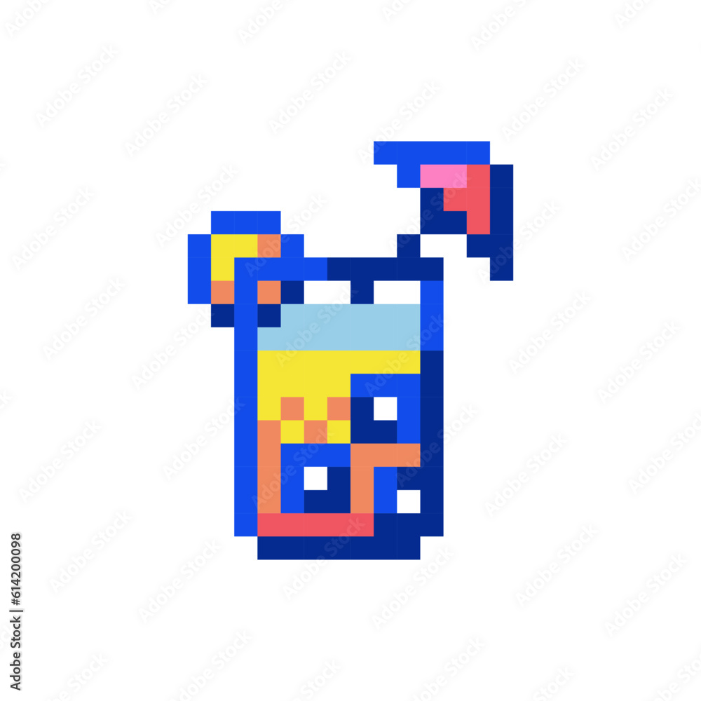 Pixel art cocktail icon. 90s 8bit style illustration of cute summer beach cocktail with umbrella. Cute pixel art y2k sticker or game element. Pixel art cocktail icon. 90s 8bit style illustration of cute summer beach cocktail with umbrella. Cute pixel art y2k sticker or game element.