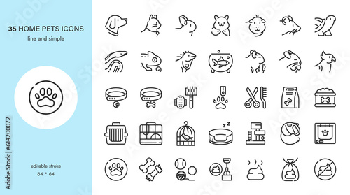 Home Domestic Pets Icons Set. Cat, Dog, Rabbit, Hamster, Guinea Pig, Rat, Turtle, Fish, Lizard and pet accessories - toys, food, cages. Editable Outline Collection.	 photo