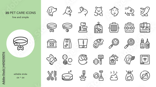 Pet Care Icons Set. Pet Care Accessories. Dogs, Cat, Rodents and other domestic pets goods for health, grooming and wellness. brush, eye drops, tick treatment, scooper. Editable Outline Collection.	