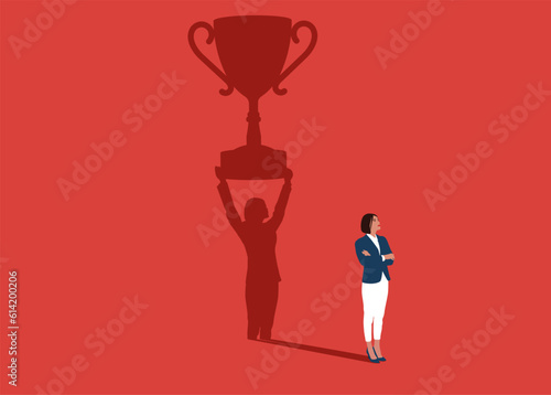 Businesswoman dreams of award for winning business success. Confident handsome young girl standing winner shadow. Flat vector illustration