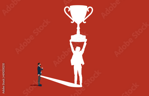 Businessman get award for winning business success. Concept with businessman and flashlight. Symbol of ambition, motivation and inspiration. Flat modern vector illustration. 