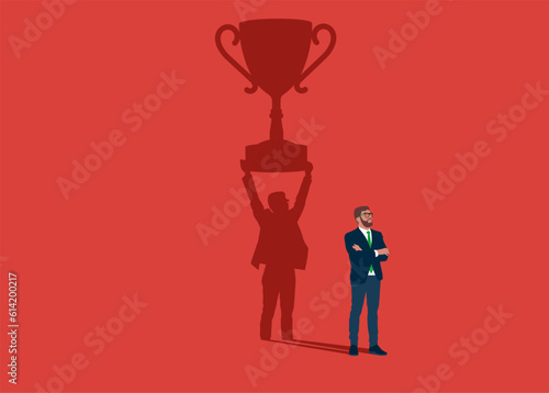Businessman dreams of award for winning business success. Confident handsome young man standing winner shadow. Flat vector illustration