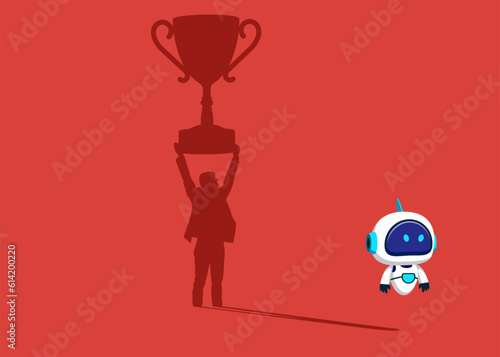 Robot with artificial intelligence  dreams of t award for winning business success. Confident handsome young man standing winner shadow. Flat vector illustration