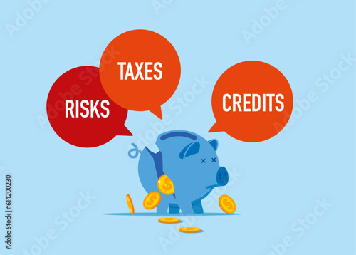 Bankruptcy with lot of problems. Collapsing piggy bank with money. Modern vector illustration in flat style
