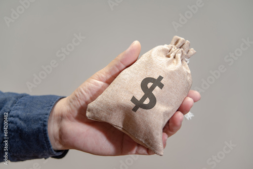 A hand holding a money bag with a dollar symbol printed on it