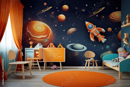 Space theme. Creative and bright eco design of a children's room. Bright fantasy wallpaper on the wall of baby room. 