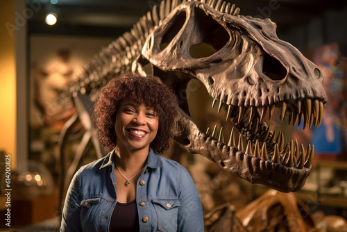 African American paleontologist woman standing next to a dinosaur skeleton in a museum, paleontology occupation. Generative AI © Sunshower Shots