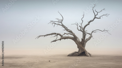 Eternal Solitude: A Minimalist Landscape Capturing the Grace of a Weathered Oak Tree. Generative AI