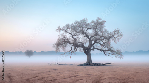 Silent Majesty: A Minimalist Landscape Graced by a Weathered Oak. Generative AI © Sascha