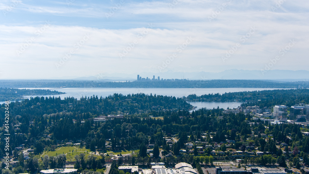 Aerial view of Bellevue, Washington and the Seattle skyline in June