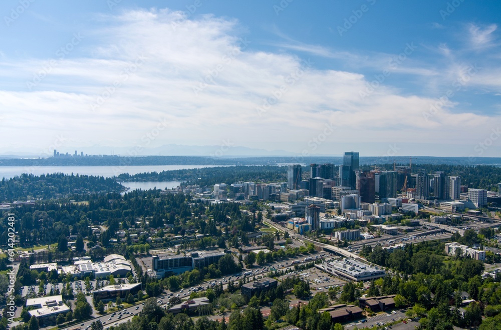 Aerial view of Bellevue, Washington and the Seattle skyline in June