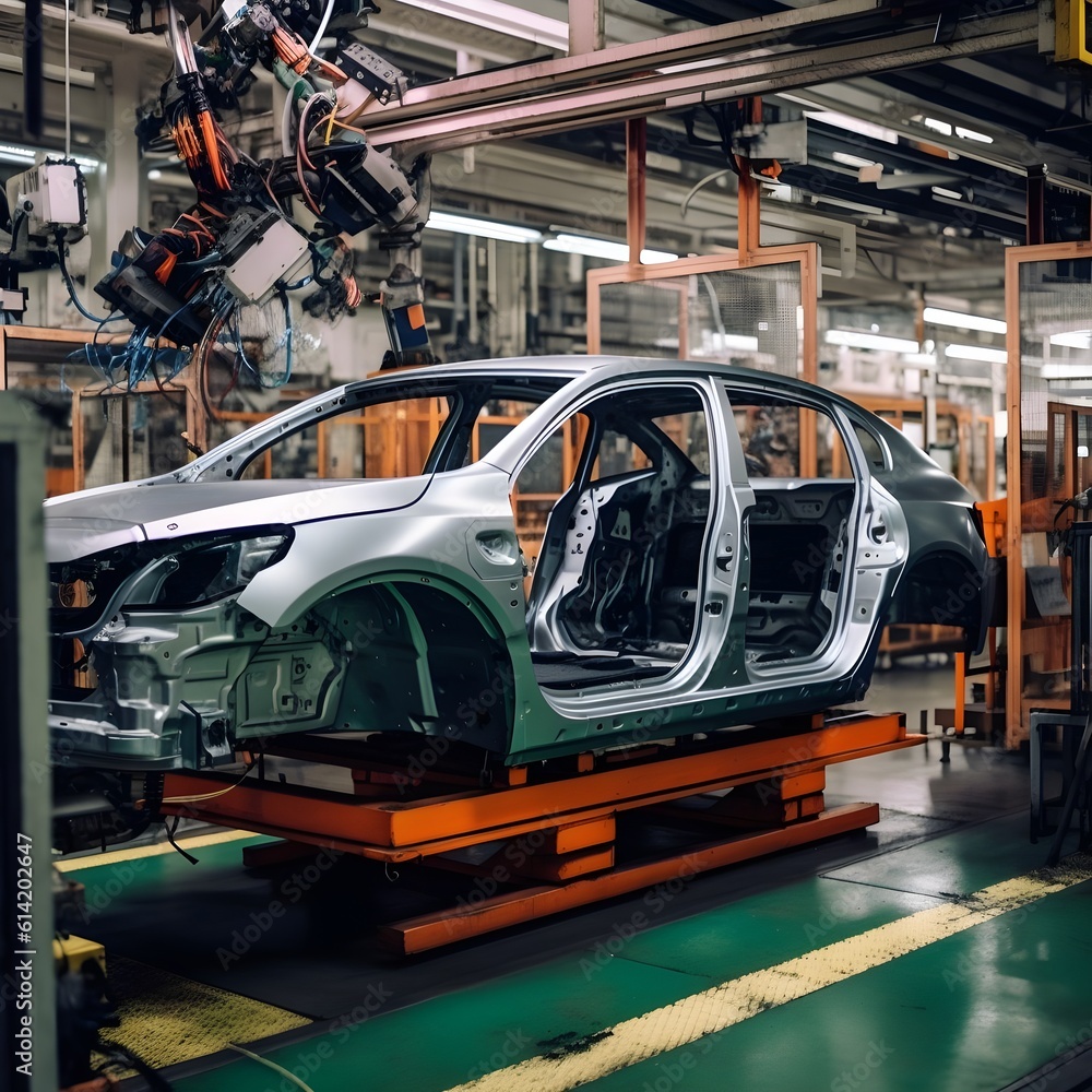 Automobile production line. Car body repair series. Modern automobile factory. Generative AI
