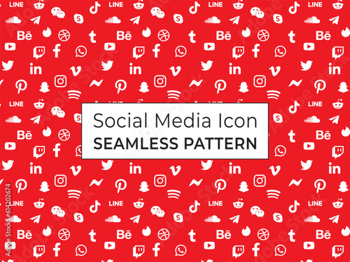 Vector social media icon seamless pattern design on a red background.