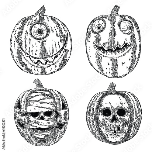 Smiling evil pumpkin set. Jack o lantern for Halloween hand drawing set of carved pumpkin. Holiday celebration, spirits and demons autumn symbol. Infernal and mystical candlelight. Vector.