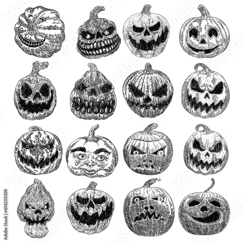 Smiling evil pumpkin set. Jack o lantern for Halloween hand drawing set of carved pumpkin. Holiday celebration, spirits and demons autumn symbol. Infernal and mystical candlelight. Vector.