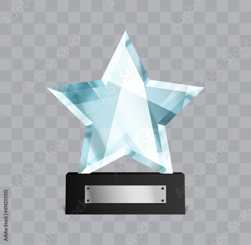 Star shape winner glass trophy. Crystal prize. First place award vector illustration