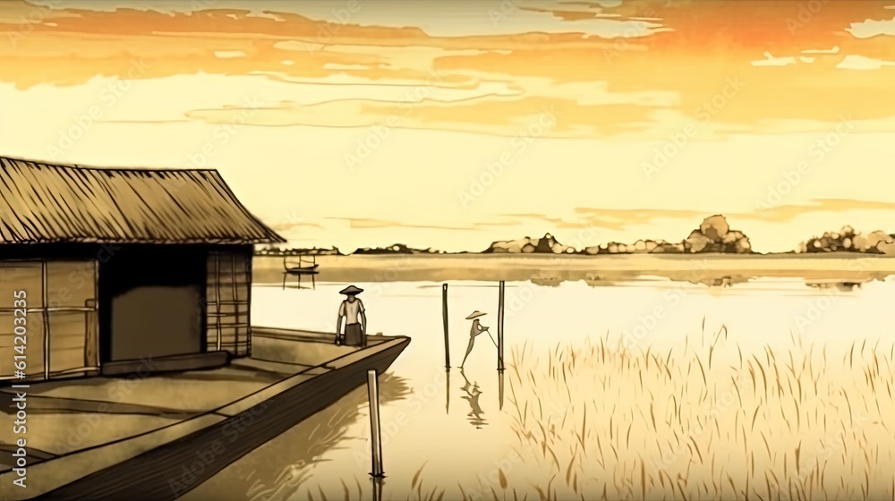 ukiyoe style, ink and watercolor illustration of a fishing hut beside a lake at sunset.