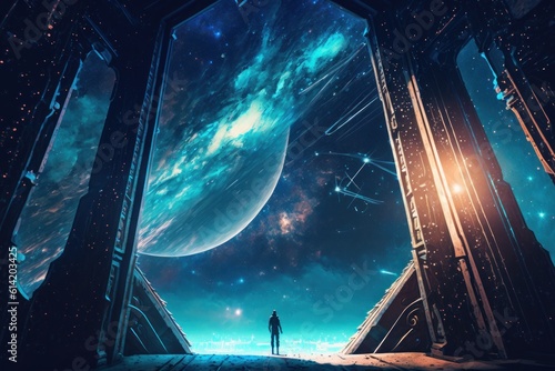 Fototapeta Naklejka Na Ścianę i Meble -  a man on a space station of the future looks at the planets and stars of the galaxy