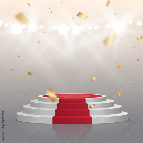 Empty white stage with red carpet and with gold confetti. Winner vector background