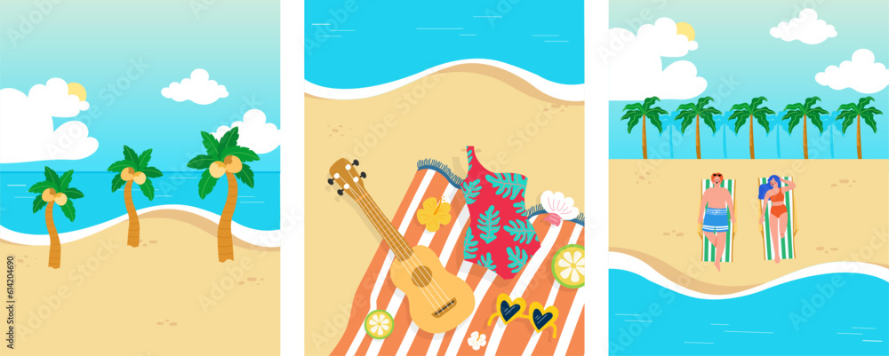 Summer background, Three set of vector illustrations on the beach hand drawings for a poster, banner and card
