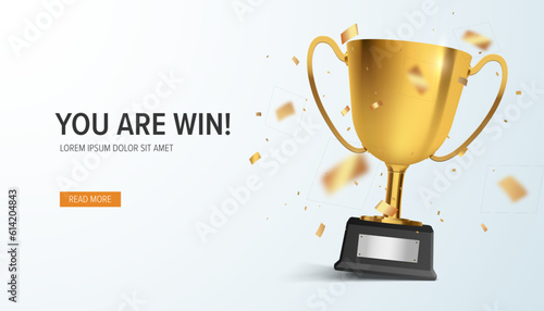 Winner banner. Gold realistic trophy cup with confetti. Vector award nomination background. photo