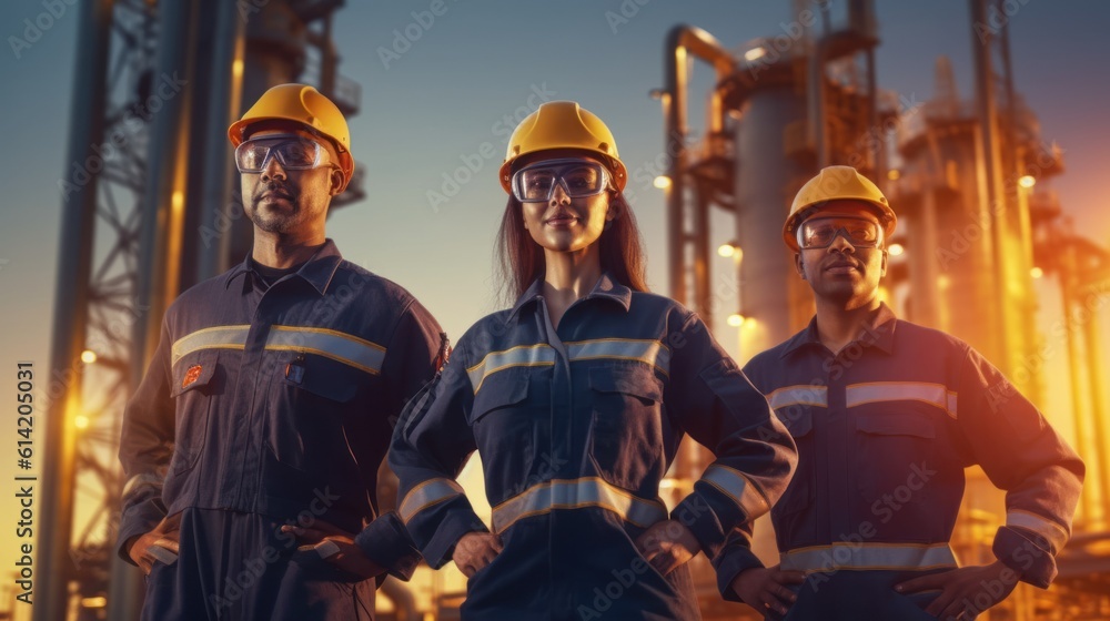 industry team Engineers of oil rigs, petrochemical, electricity, three ...