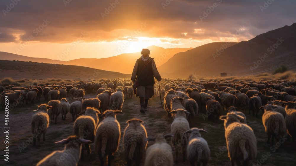 Guided by Twilight: A Shepherd's Evening Walk. Generative AI - obrazy, fototapety, plakaty 