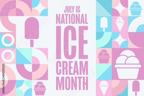 July is National Ice Cream Month. Holiday concept. Template for background, banner, card, poster with text inscription. Vector EPS10 illustration.