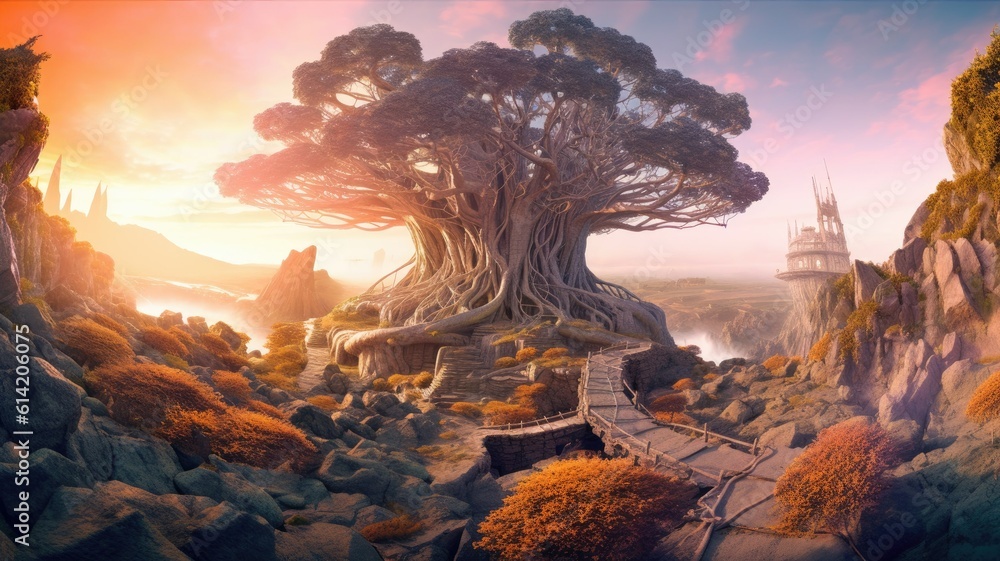 Fantasy Illustration of the Tree of Life and a Civilisation build around it. Generative AI.